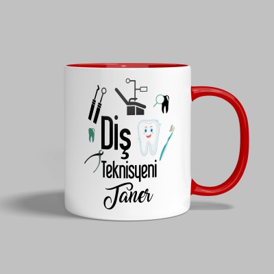 Diş Teknisyeni Baskılı Kupa Bardak - Adınıza Özel - İçi ve Kulbu Kırmızı