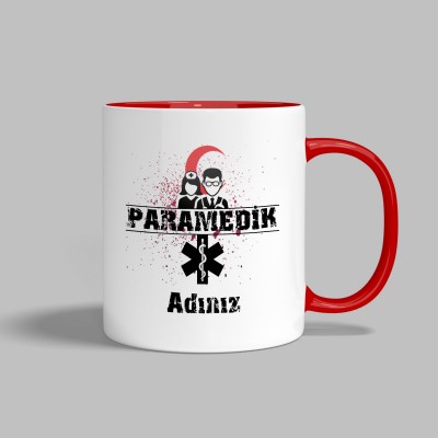 Paramedik Meslek Tasarımlı Kupa Bardak Baskı - Adınıza Özel - İçi ve Kulbu Kırmızı