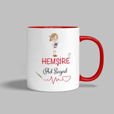 Hemşireler Günü Hediyesi Kadın - Mesleki Kupa Bardak Baskı - İçi ve Kulbu Kırmızı