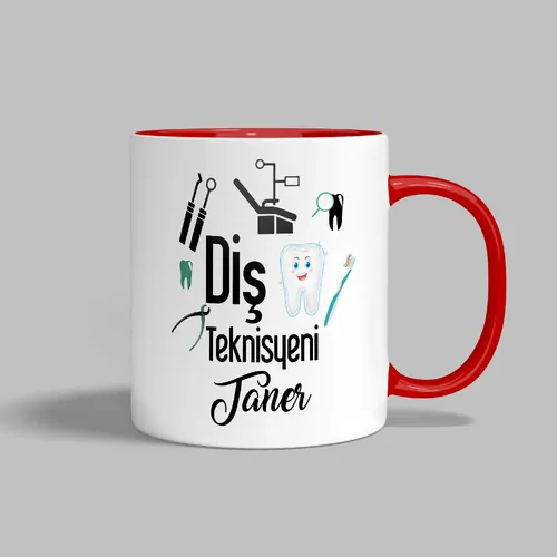 Diş Teknisyeni Baskılı Kupa Bardak - Adınıza Özel - İçi ve Kulbu Kırmızı